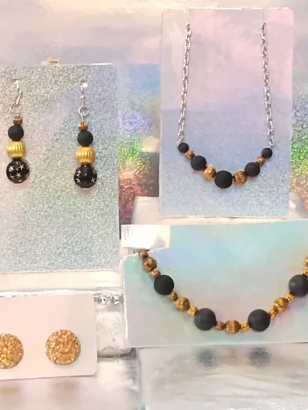 Gold and Black Beaded Necklace and Earring Set - Elegant Women Jewelry